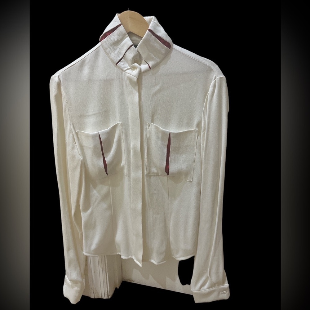 KOEL size small. Button down blouse. Satin inserts on pockets and neckline
